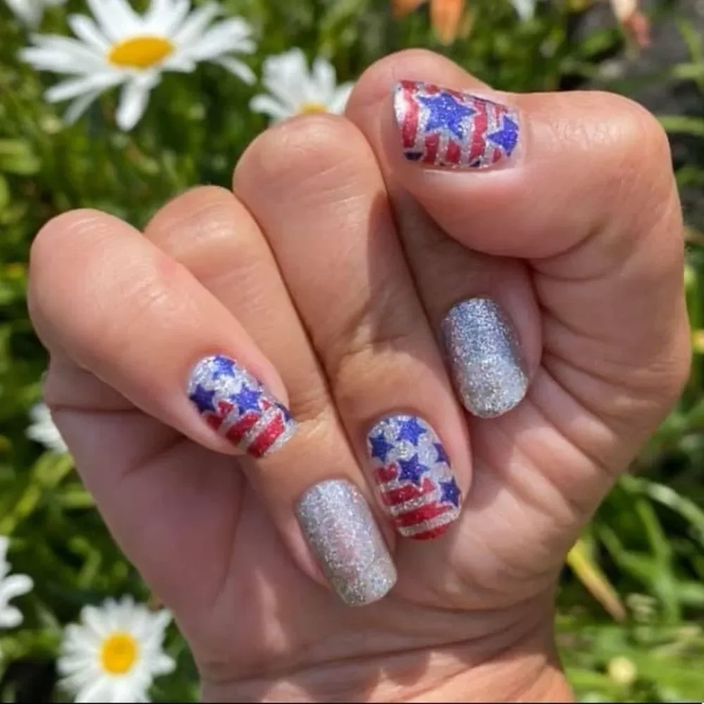 Color Street | Glitz and Glory, red silver blue stars & stripes glitter nails